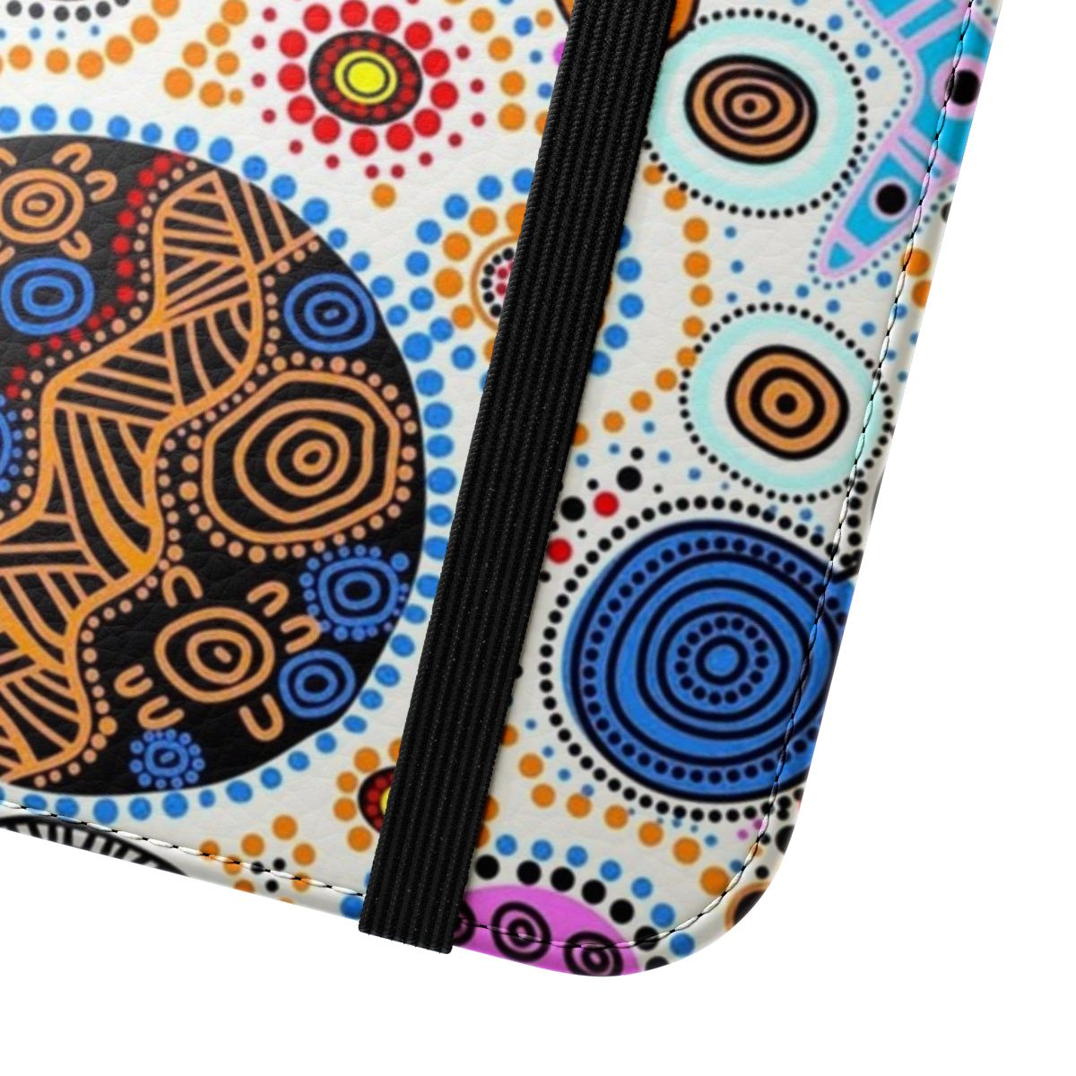 Flip cover phone case featuring authentic indigenous Australian artwork and design - Close Up