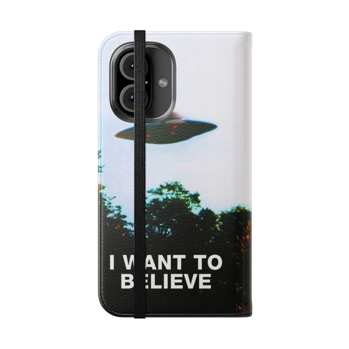 Paranormal-themed phone case with "I Want to Believe" graphic - Folded Front