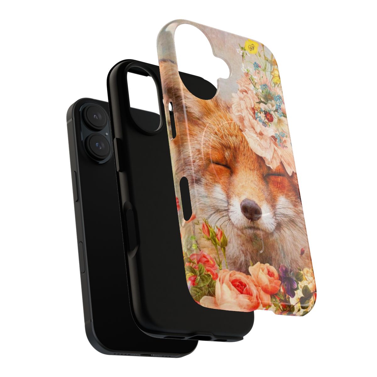 Cute happy fox surrounded by flowers on a tough, magnetic phone case. - Layers