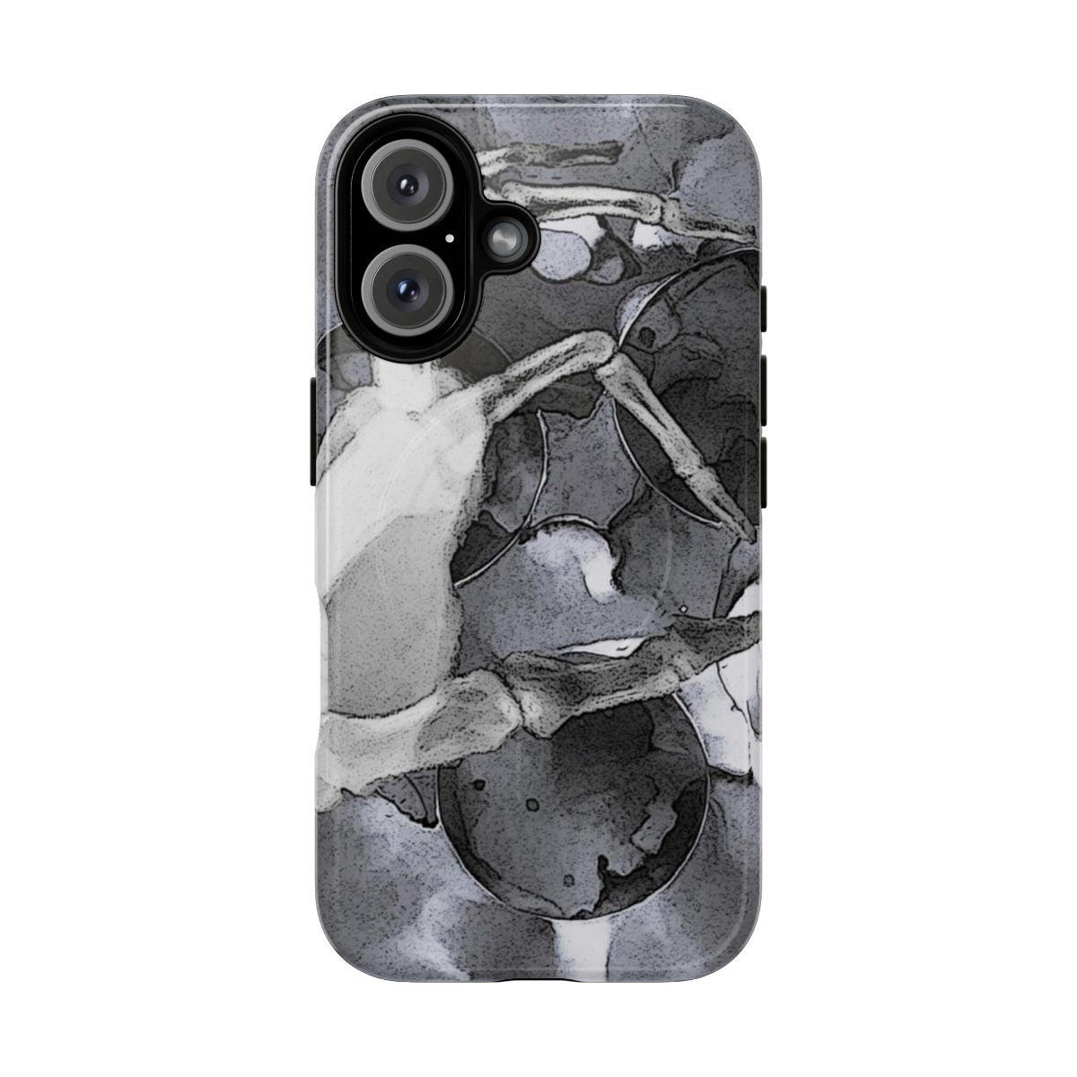 A black and white image of a skeleton hand and skull on a magnetic phone case.