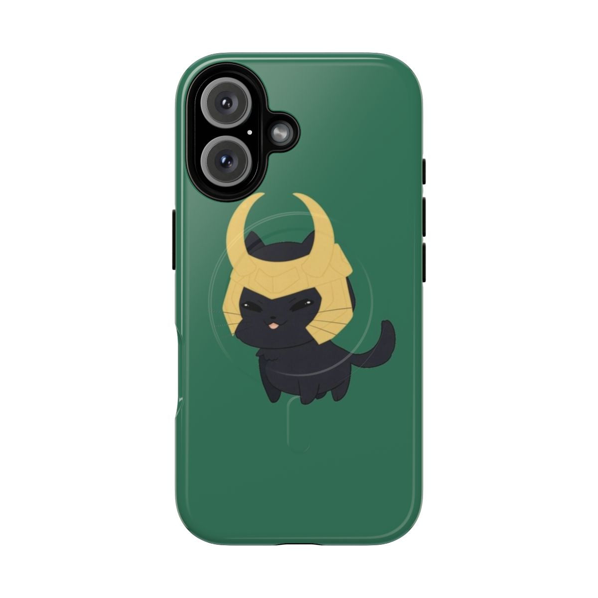 A black cat with green eyes in a chibi/kawaii style, featured on a magnetic tough phone case