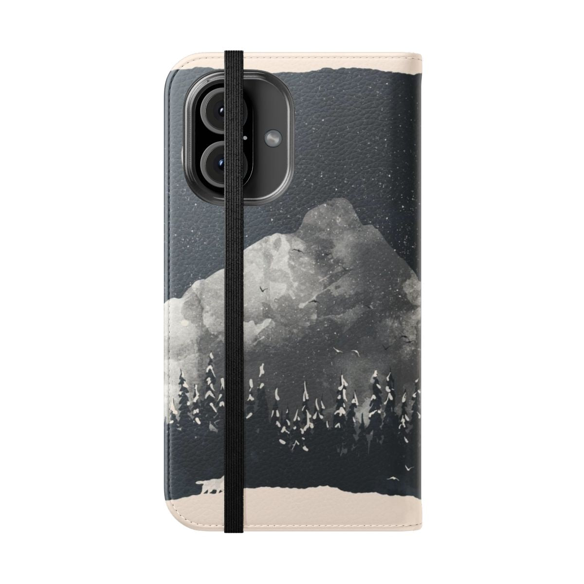 Image of a flip cover phone case with a wolf design against a snowy mountain landscape - Folded Front