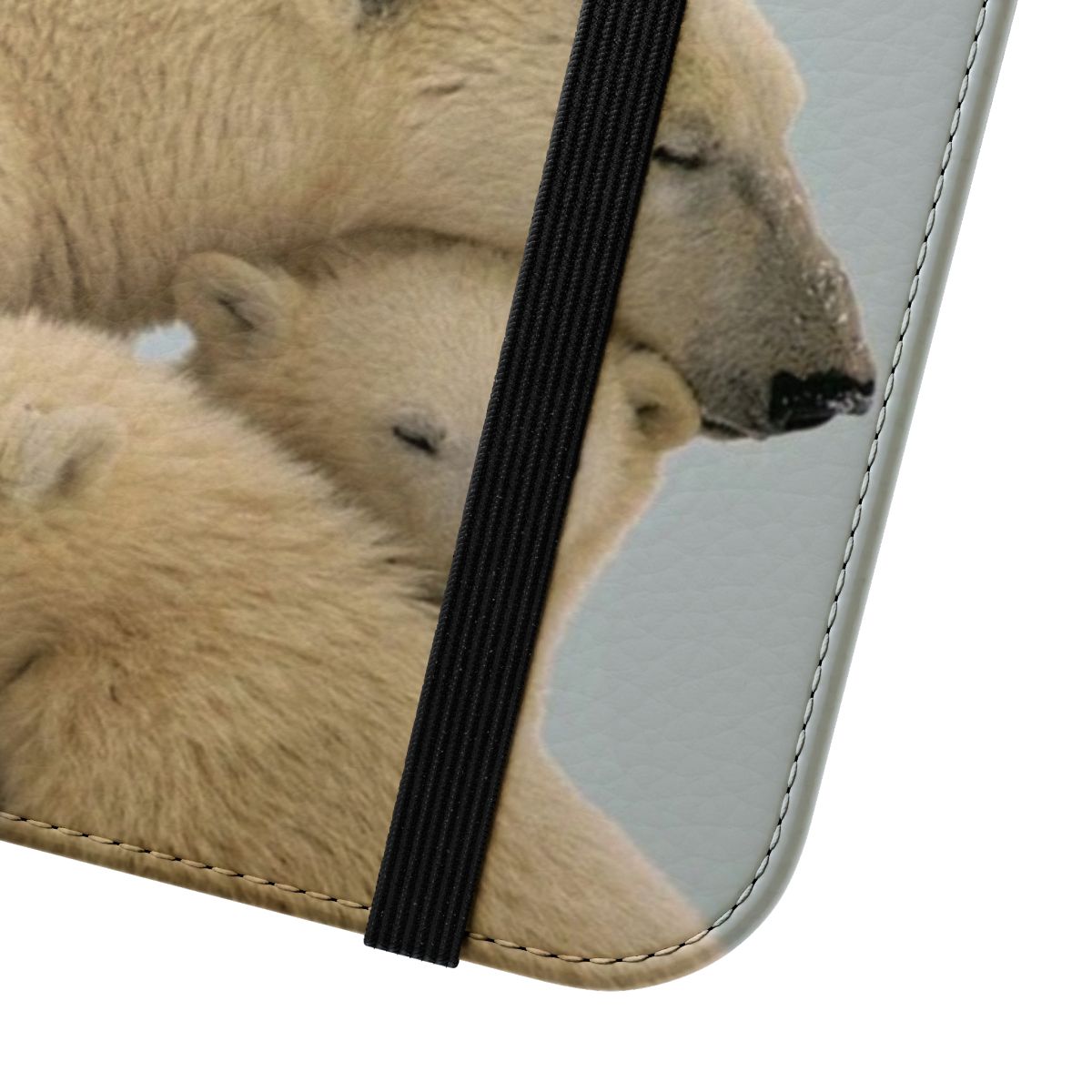 Soft, fluffy white polar bear on a flip cover phone case - Close Up