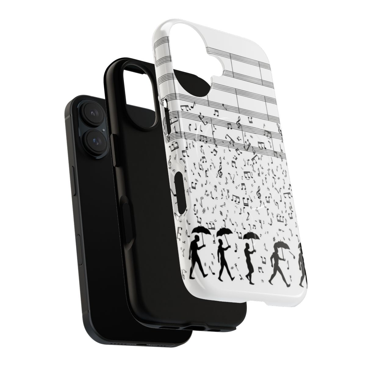 Magnetic phone case with a singing in the rain design, featuring musical notes and a rainy landscape silhouette. - Layers