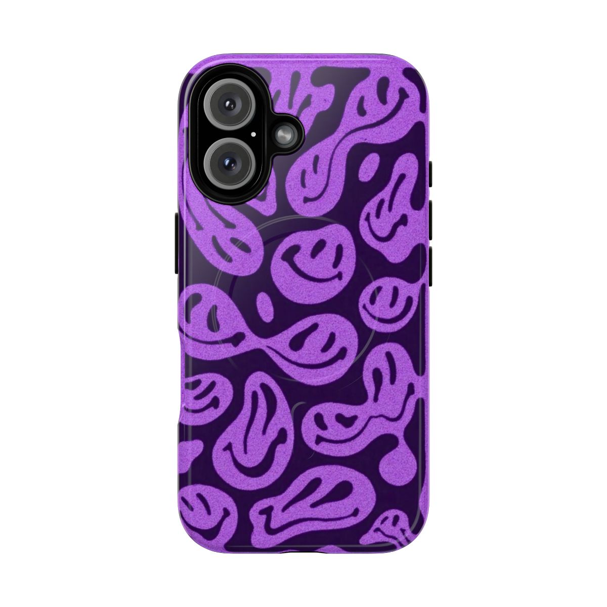 A vibrant, psychedelic-inspired phone case featuring a melted smiley face pattern in shades of purple.