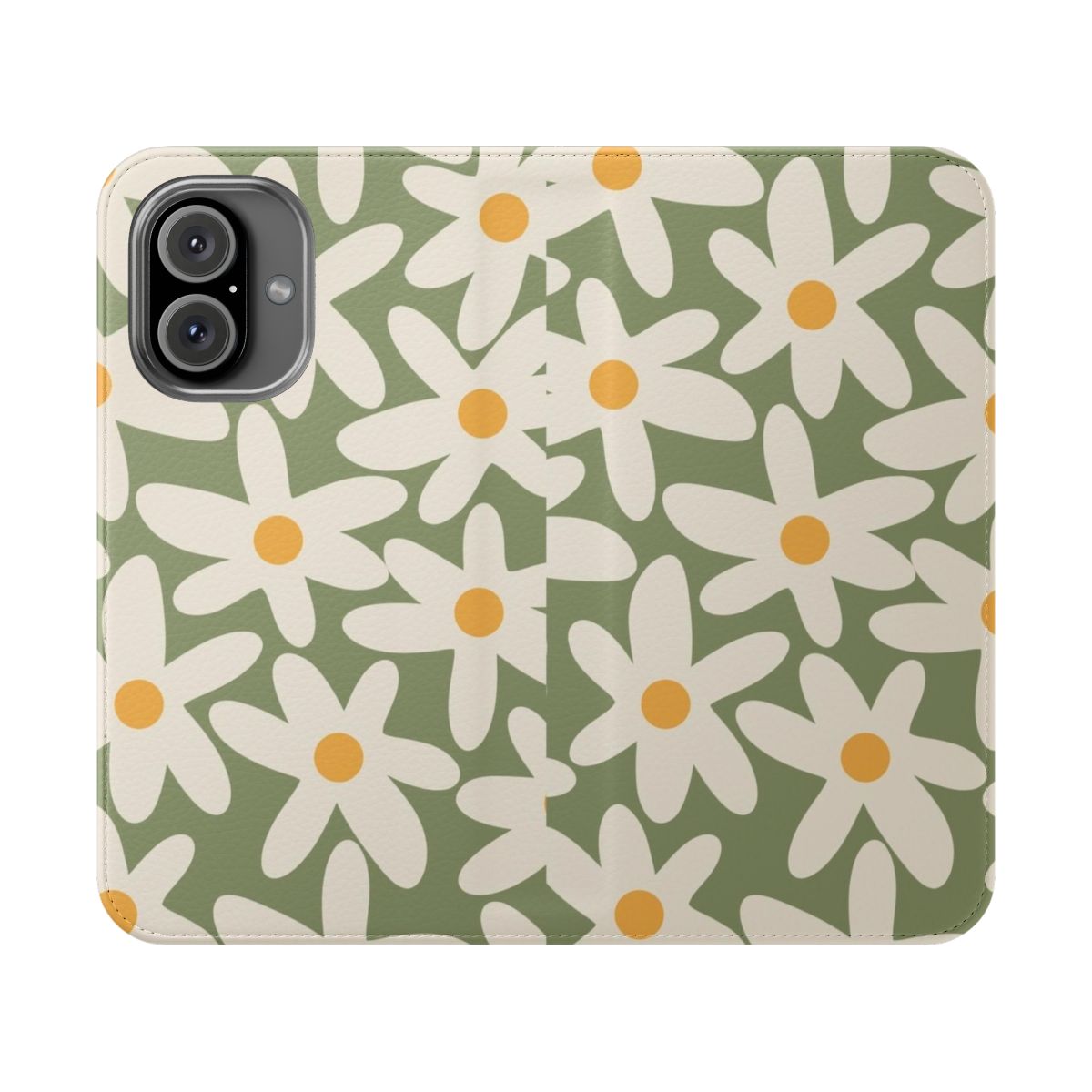 Sage green flip cover phone case with a retro daisy flower pattern