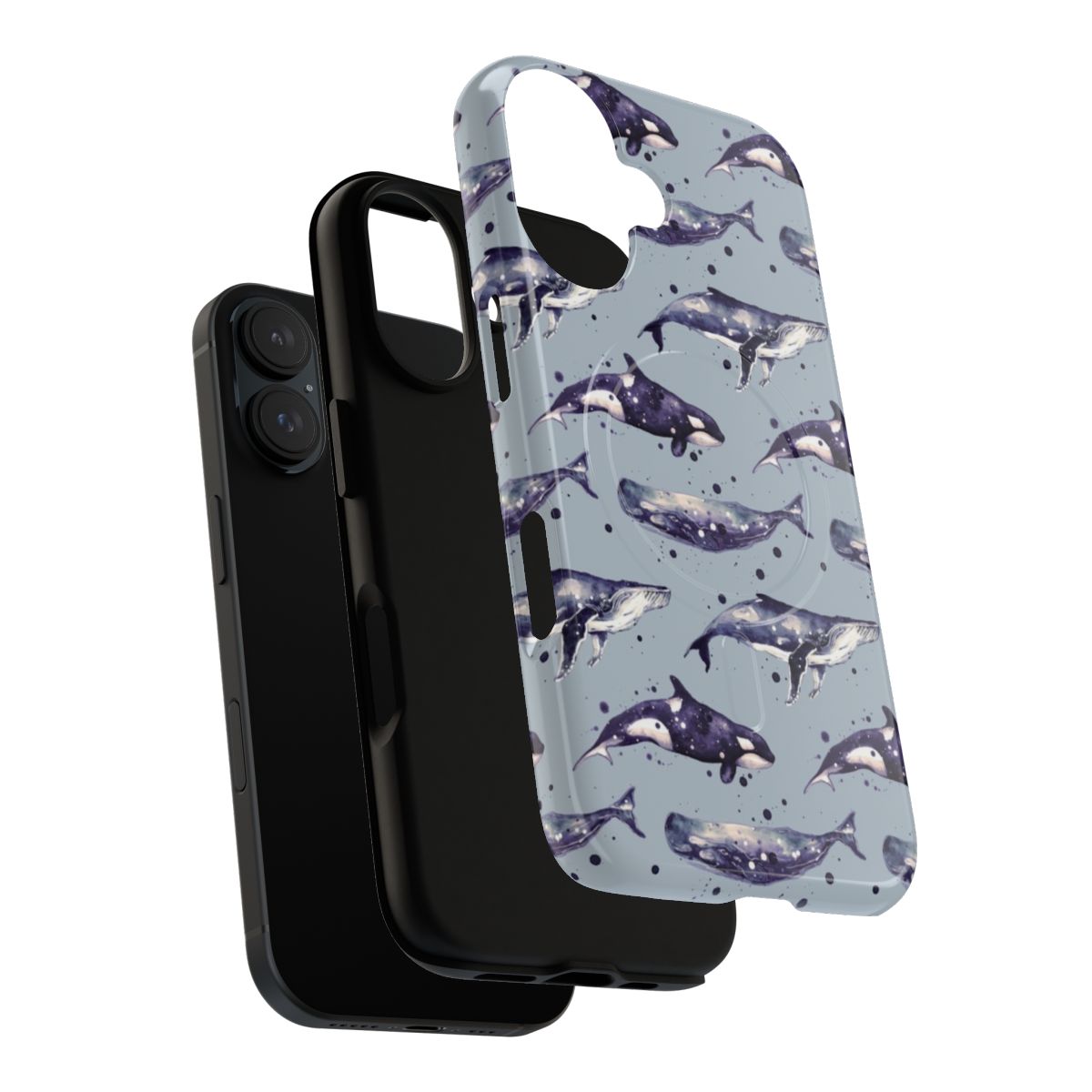 Watercolor whales in shades of blue on a grey background in a tough magnetic phone case - Layers