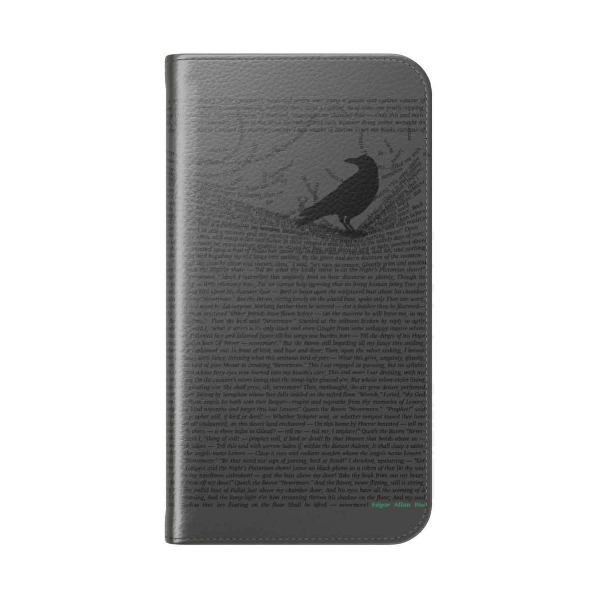 Image of a flip cover phone case featuring the iconic raven from Edgar Allan Poe's poem "The Raven" - Folded Back