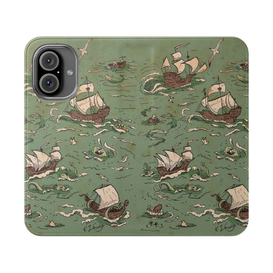 Flip phone case cover with a sailing ship and nautical design