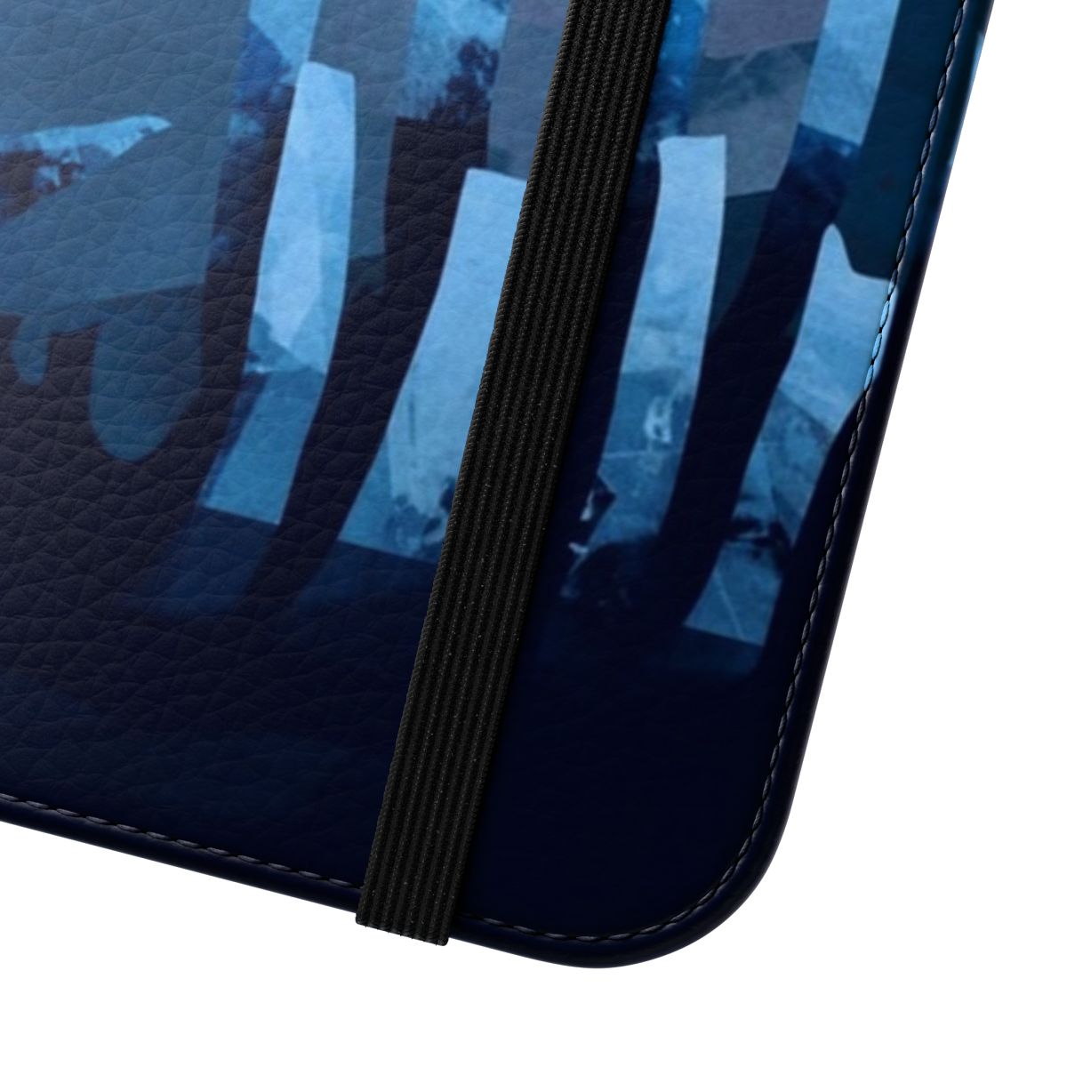 A blue and black phone case featuring a dramatic landscape with birds, stones, and nature elements. - Close Up