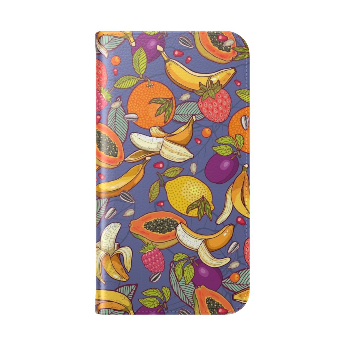 Colorful tropical-themed flip cover phone case with papaya, strawberry, and other fruit designs. - Folded Back