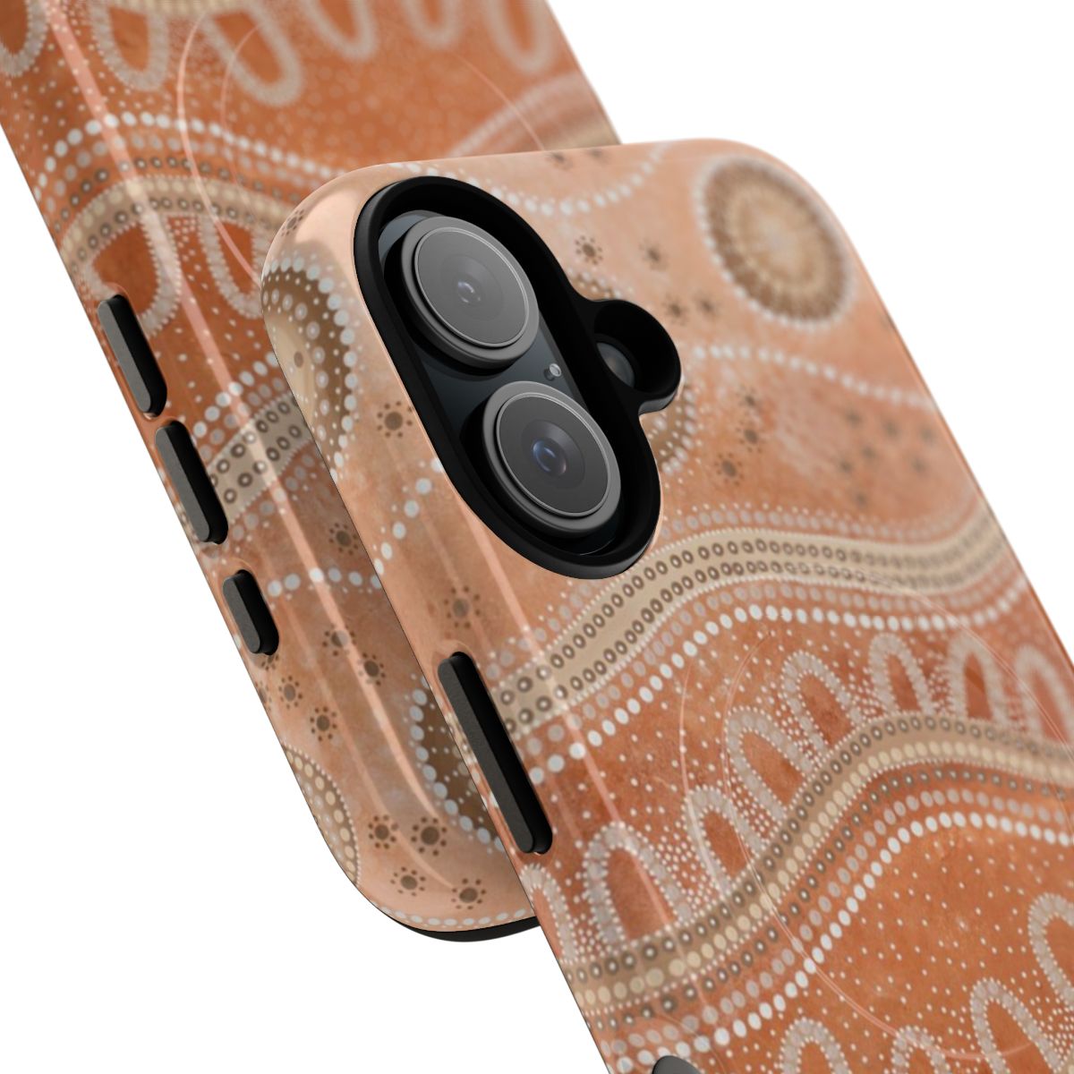 Magnetic phone case featuring vibrant aboriginal art design with dots, circles, and earthy tones. - Detail