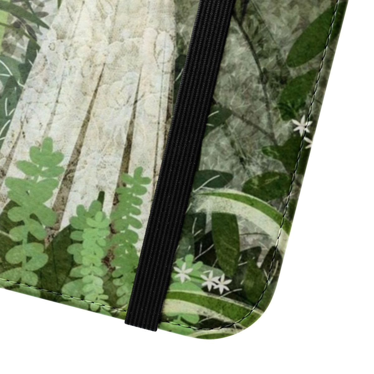 Vintage-inspired flip cover phone case featuring a ghostly greenhouse with exotic plants and flowers - Close Up