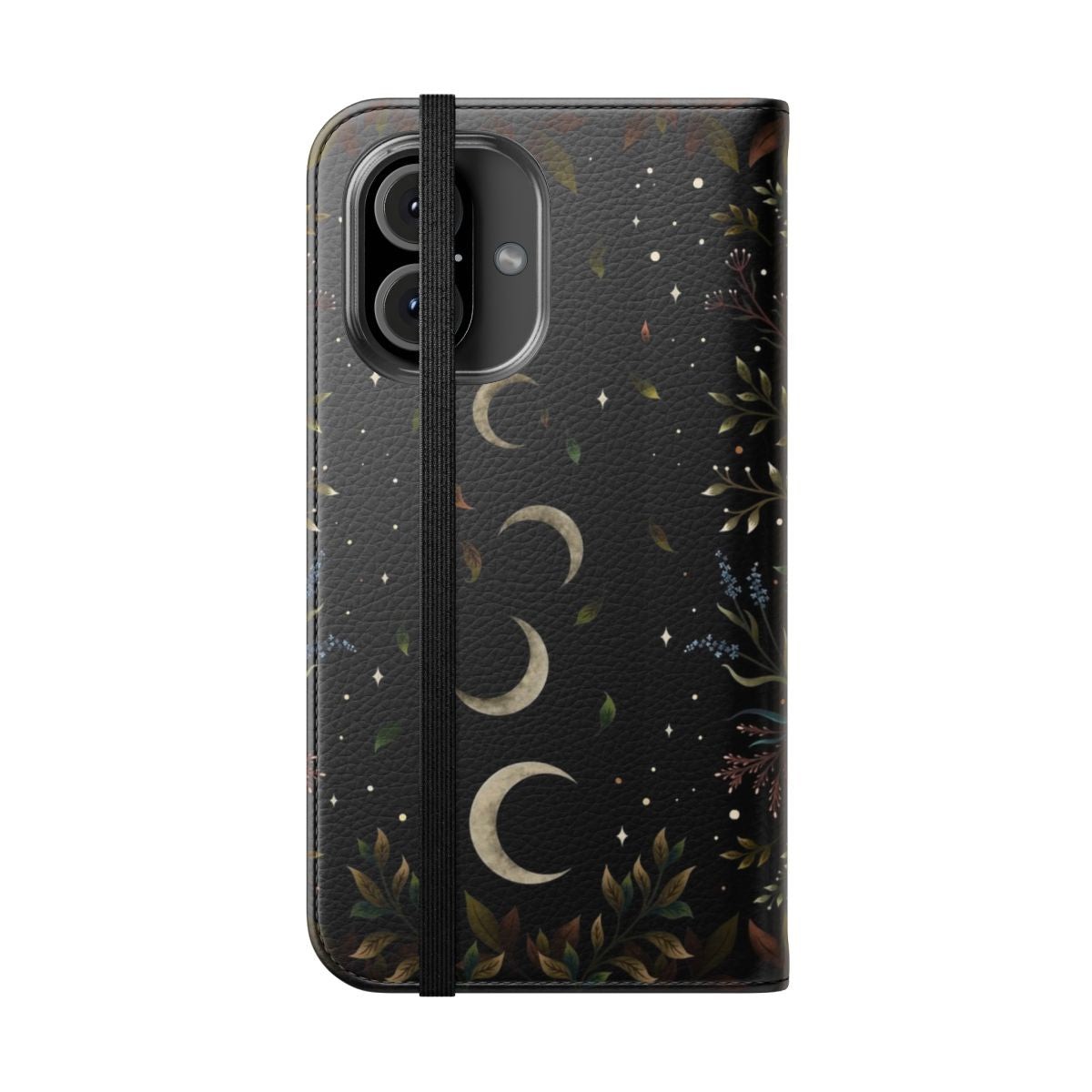 Crescent moon and autumn leaves printed on a flip cover phone case - Folded Front