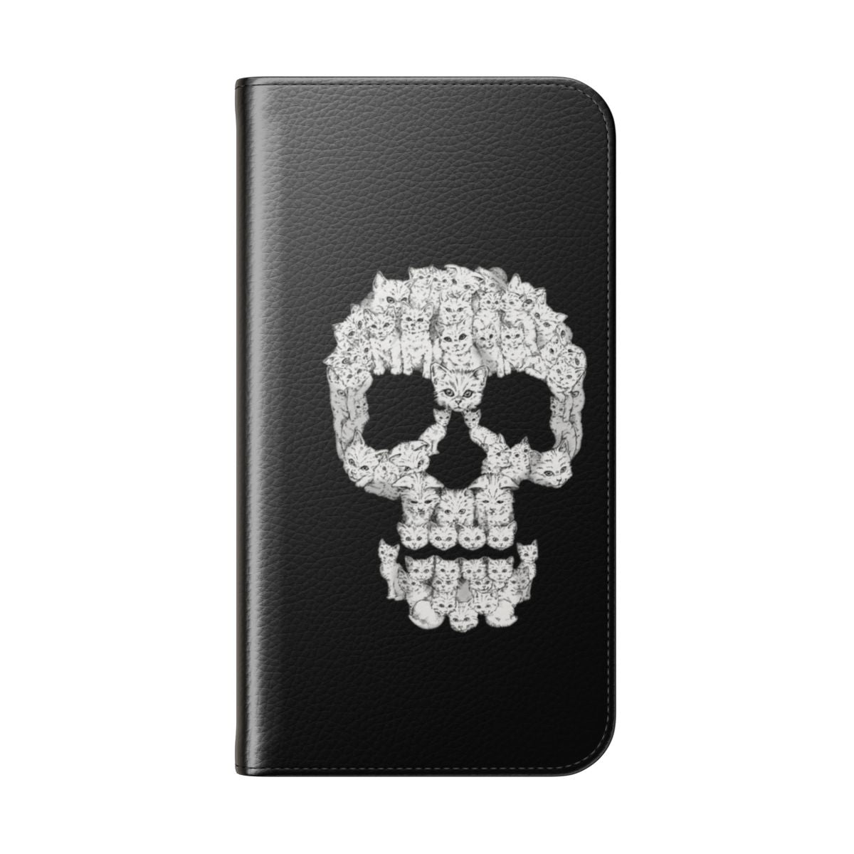 A tough yet cute phone case featuring a graphic skull and kitten design. - Folded Back