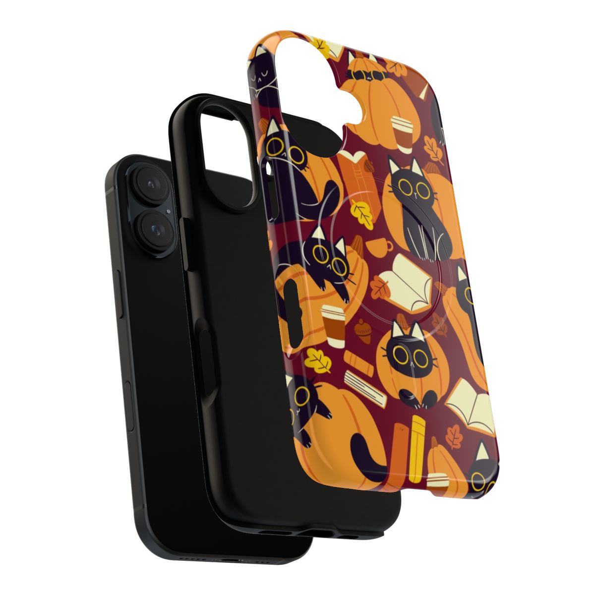 Artistic phone case featuring cats, pumpkins, and books design - Layers