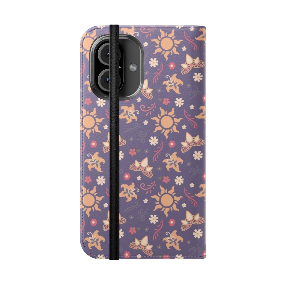 A flip phone case featuring an enchanted princess dream kingdom design with a crown, tiara, lanterns, and flowers. - Folded Front