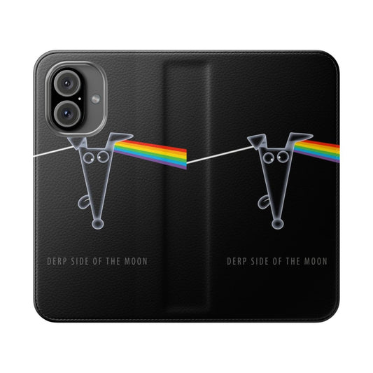 Whimsical flip cover phone case featuring a cartoon greyhound and Pink Floyd inspired design