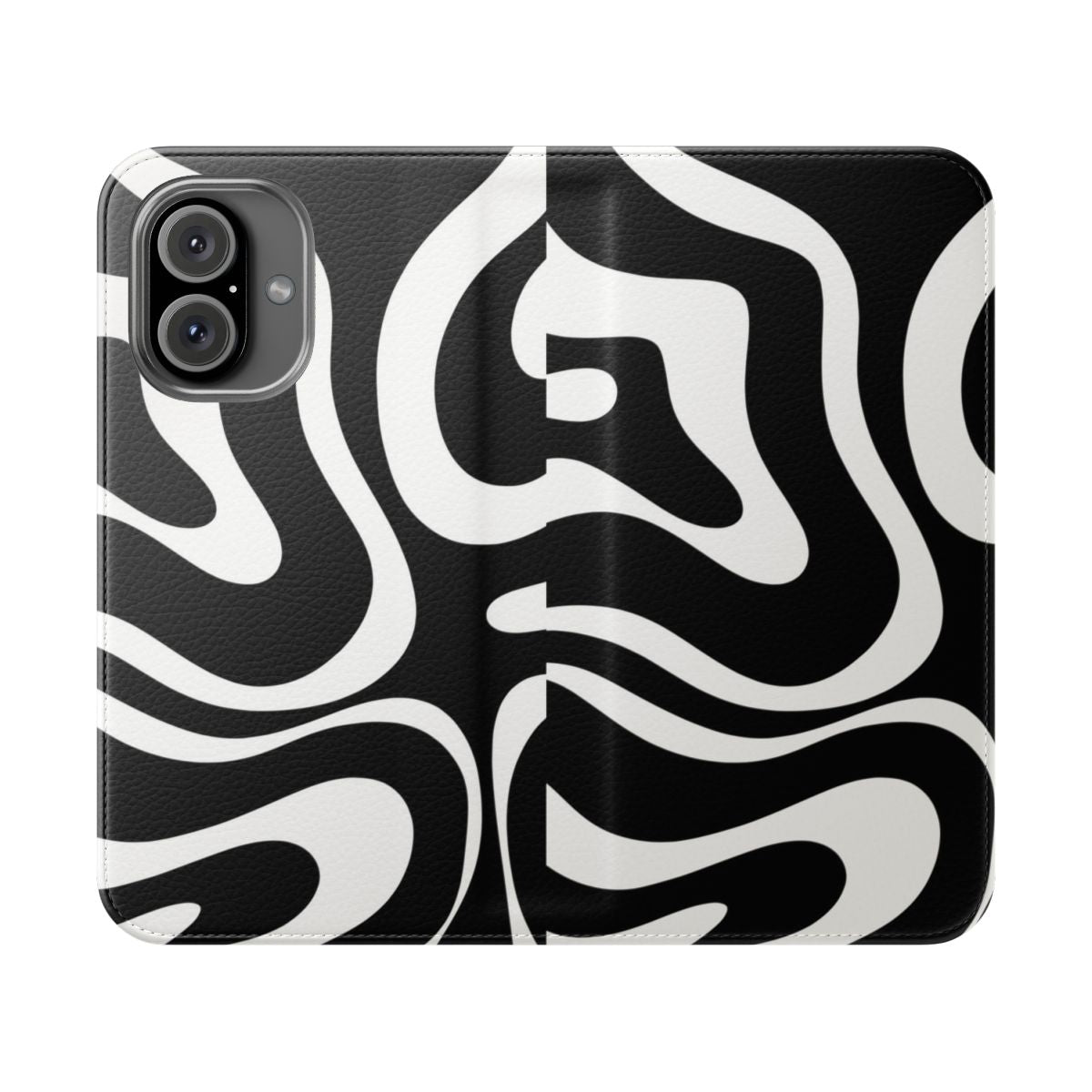 Black and white abstract swirl pattern on a square phone case