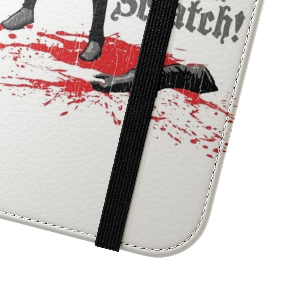 A flip cover phone case featuring a medieval-inspired design, paying homage to the classic Monty Python and the Holy Grail film. - Close Up