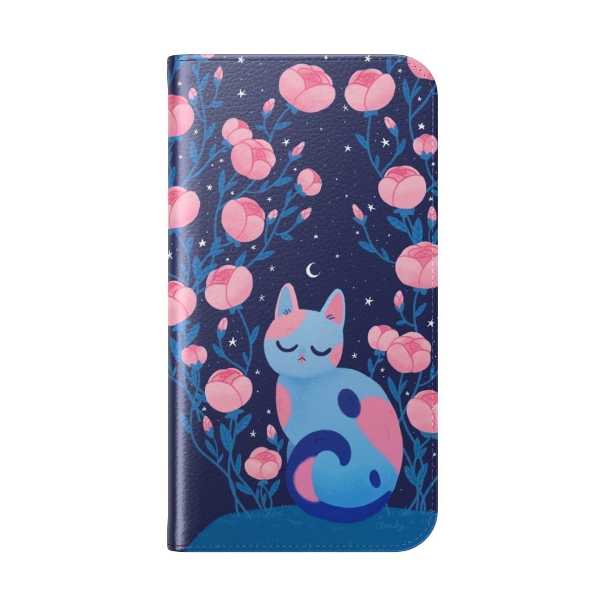 A colorful floral phone case featuring a playful peony-themed design with a cute cat illustration. - Folded Back