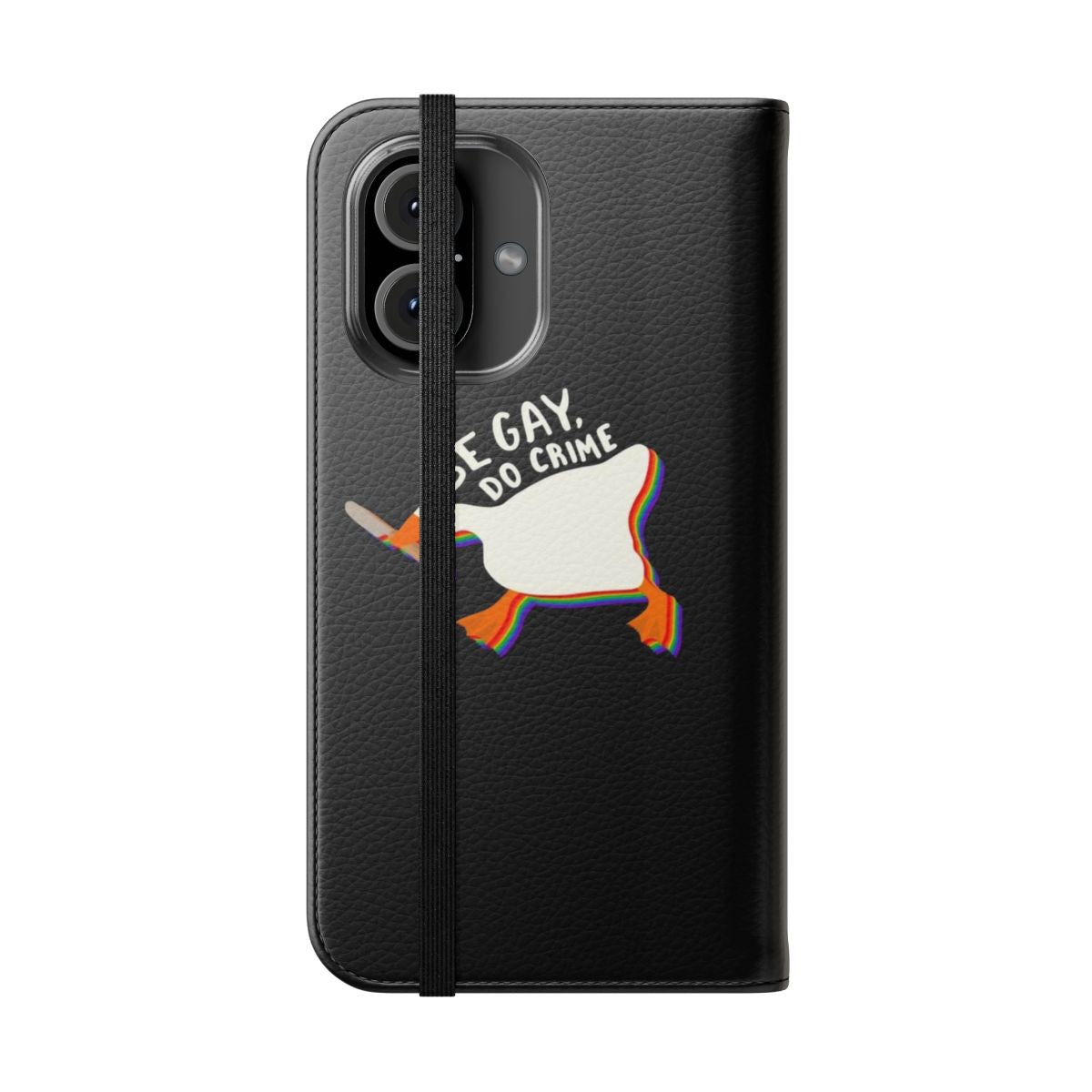 Colorful queer pride phone case with "Be gay do crime" goose design - Folded Front