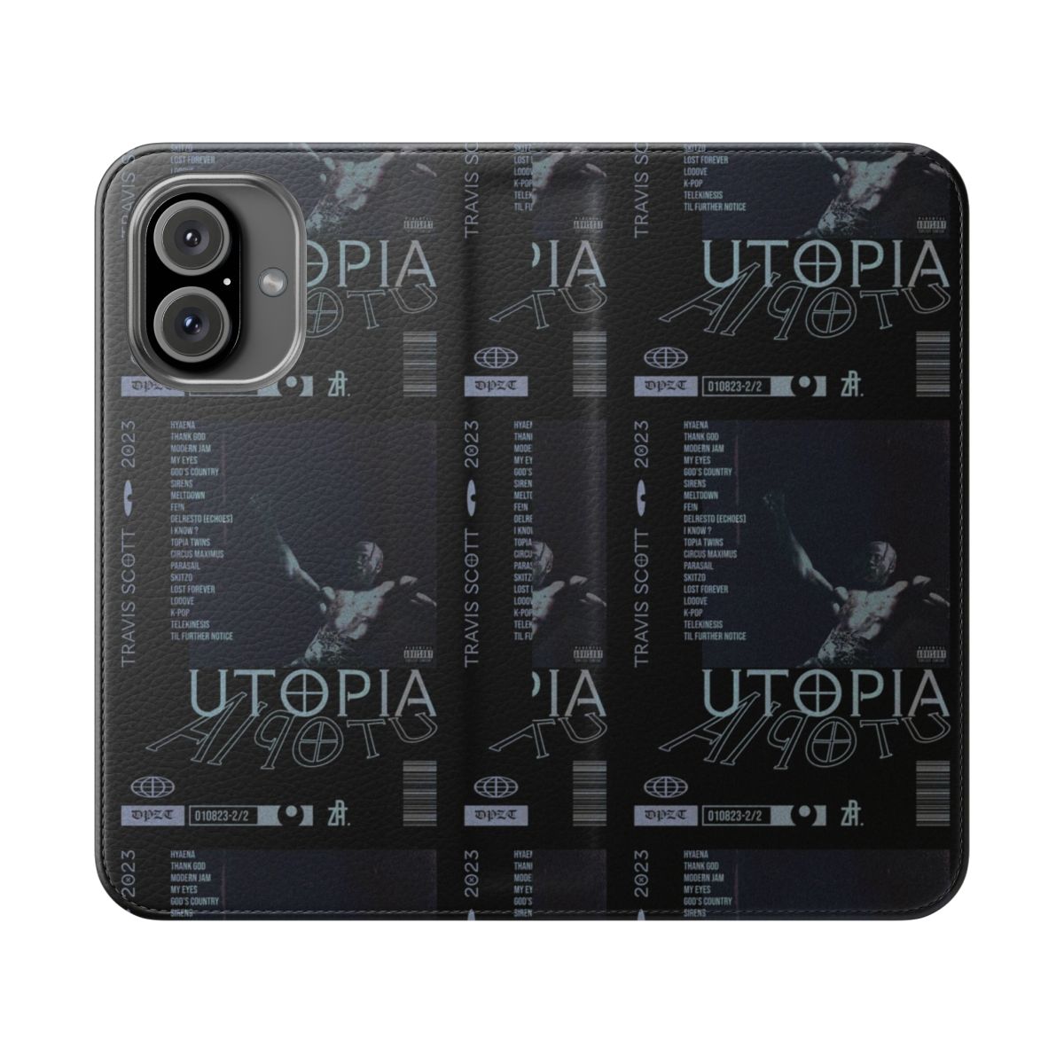 Sleek black flip cover phone case with a grunge and urban aesthetic design