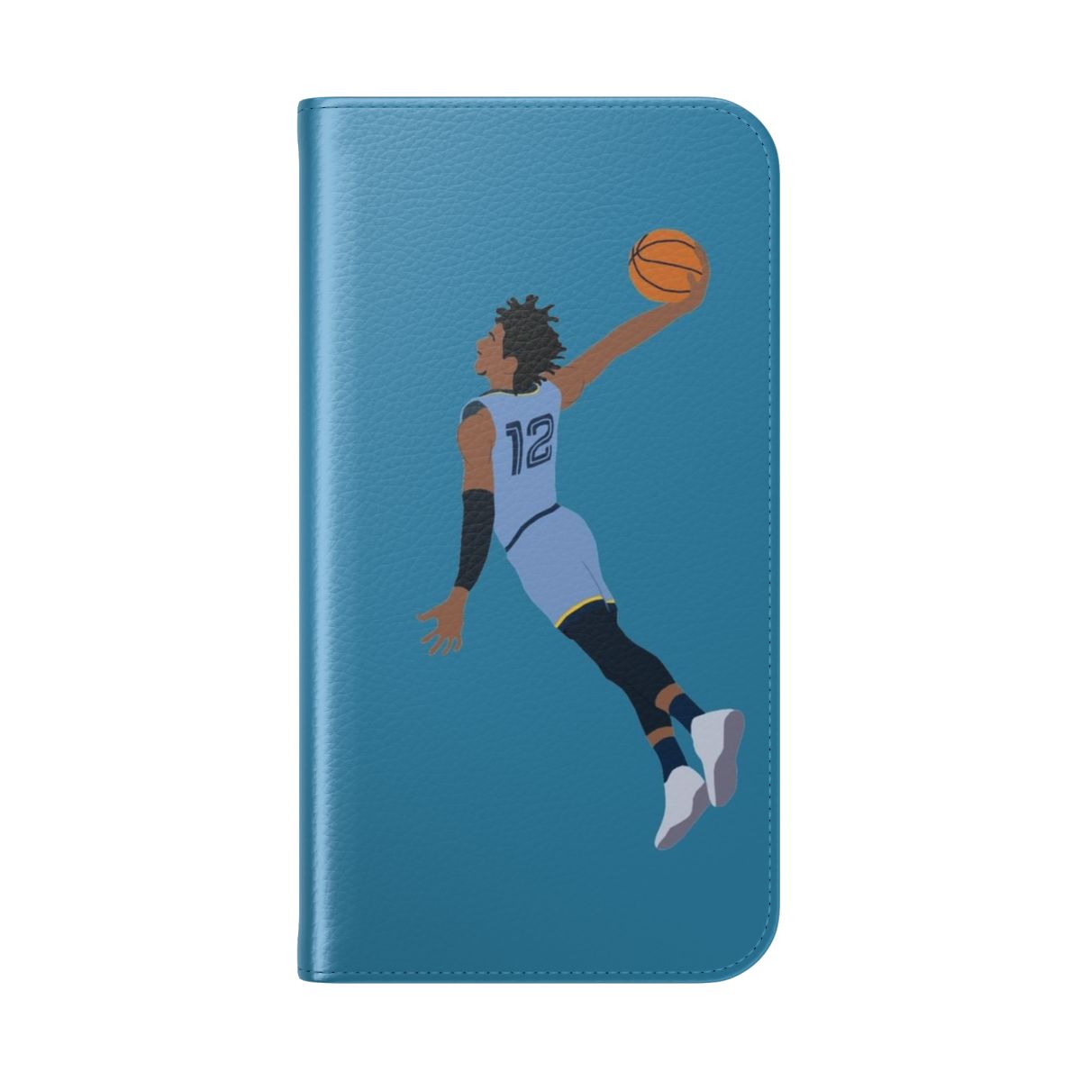 Image of a flip cover phone case with a basketball player dunk design, featuring Ja Morant's name. - Folded Back