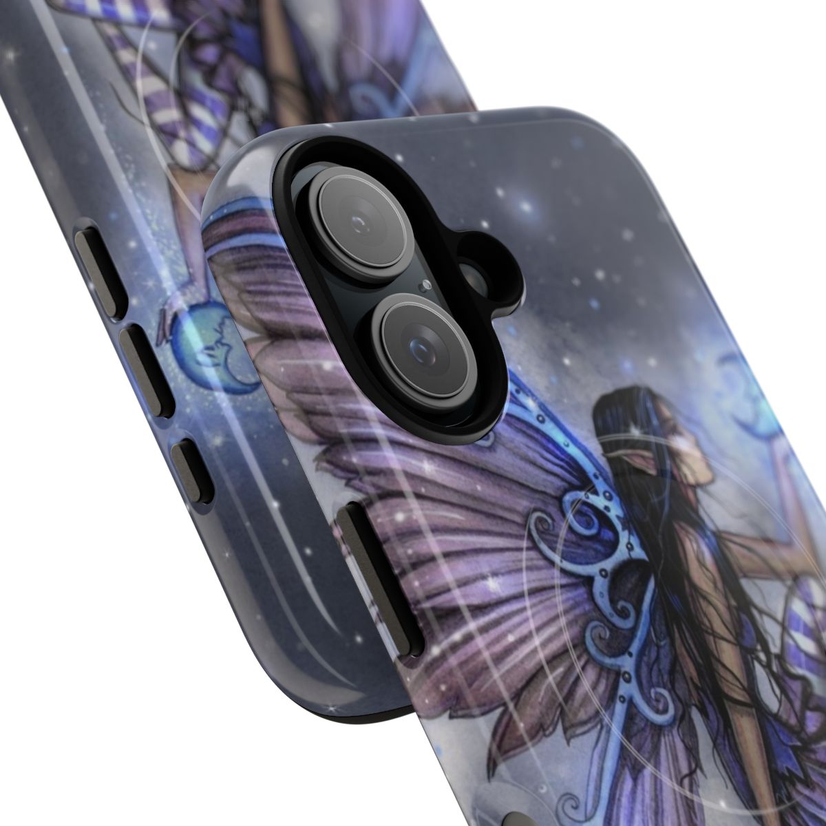 Magnetic phone case featuring a whimsical fairy fantasy art design by artist Molly Harrison, with a blue moon, stars, and purple accents. - Detail