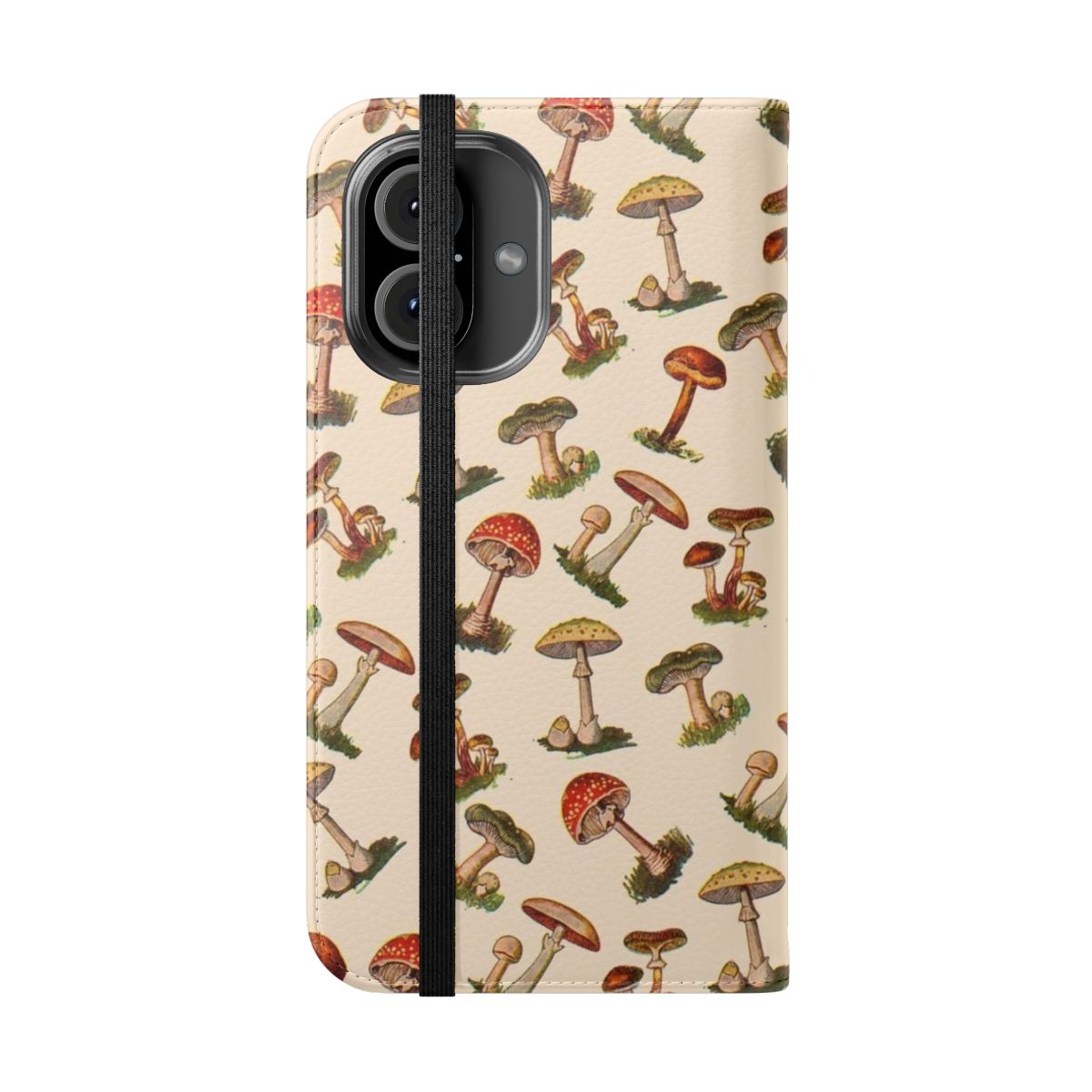 Flip cover phone case featuring a pixelated mushroom design in a nature-inspired scene. - Folded Front