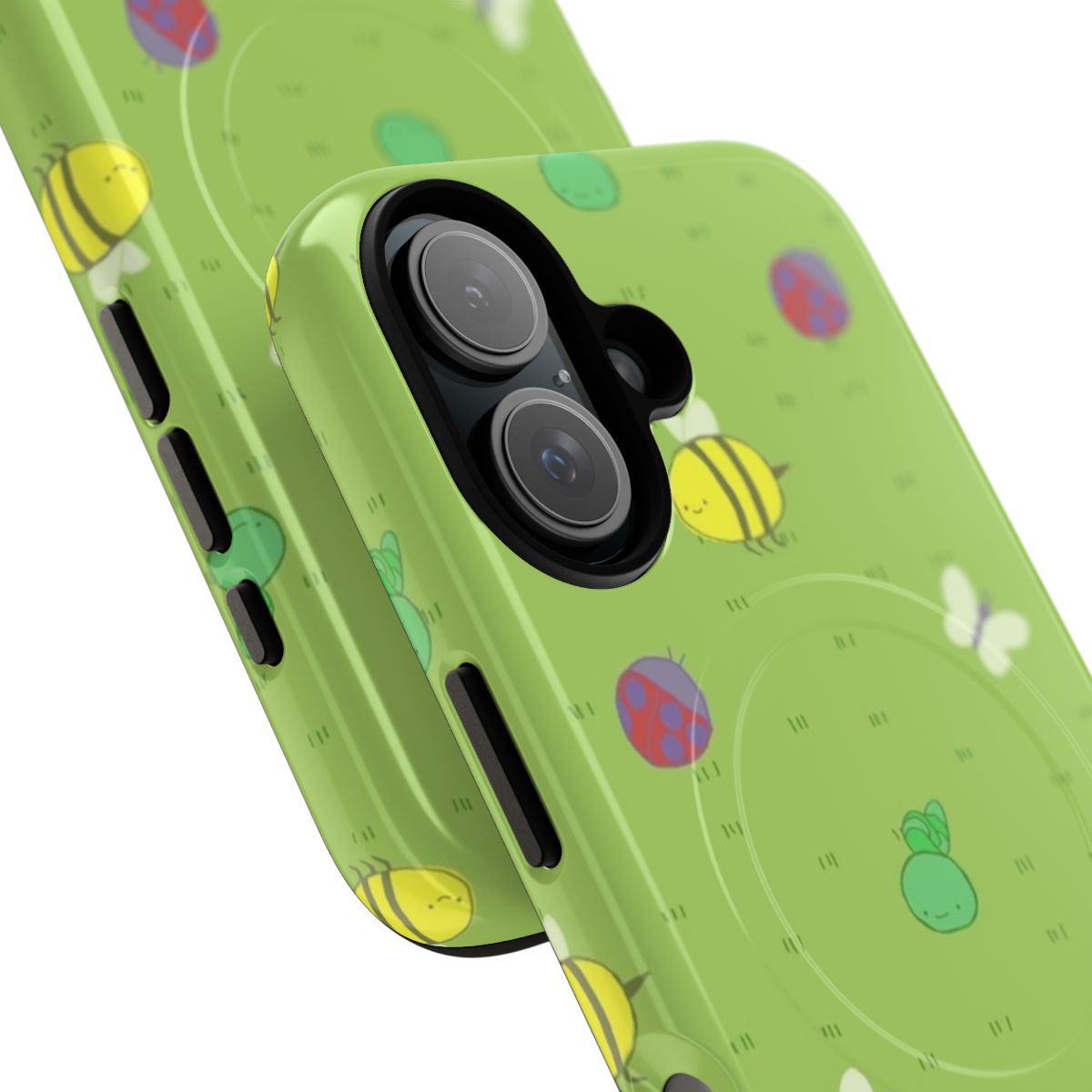 Adventure Time inspired phone case with a pattern of birds, bees, caterpillars, worms, and ladybugs - Detail