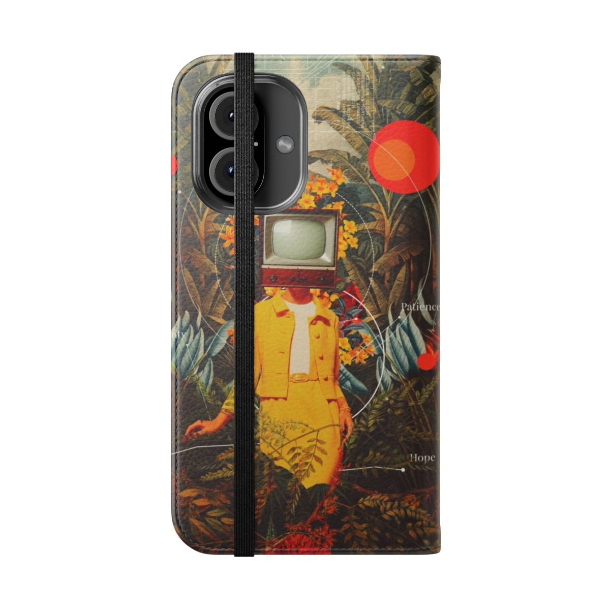 A vintage-style flip cover phone case featuring a surreal digital collage design with botanical elements and a woman in a natural, wilderness-like setting. - Folded Front