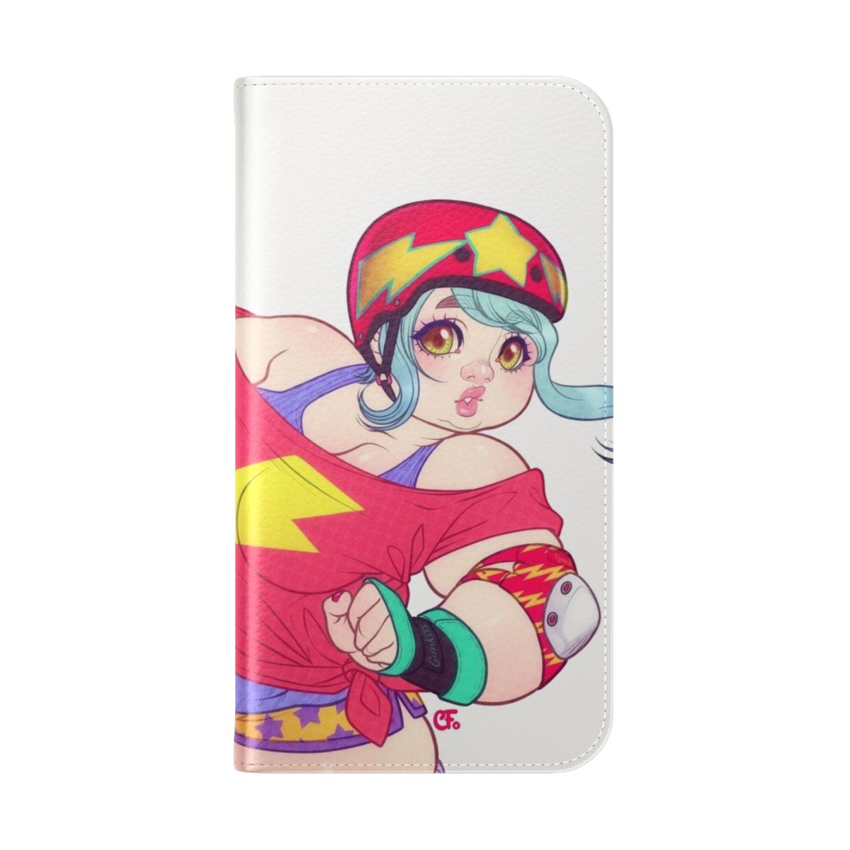 Vibrant retro-style flip phone case with roller derby and 80s inspired design - Folded Back