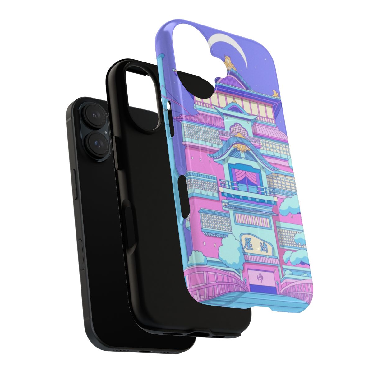 Retro Bath House Castle Magnetic Tough Phone Case, featuring a pink and blue vaporwave-inspired landscape with a Japanese castle. - Layers