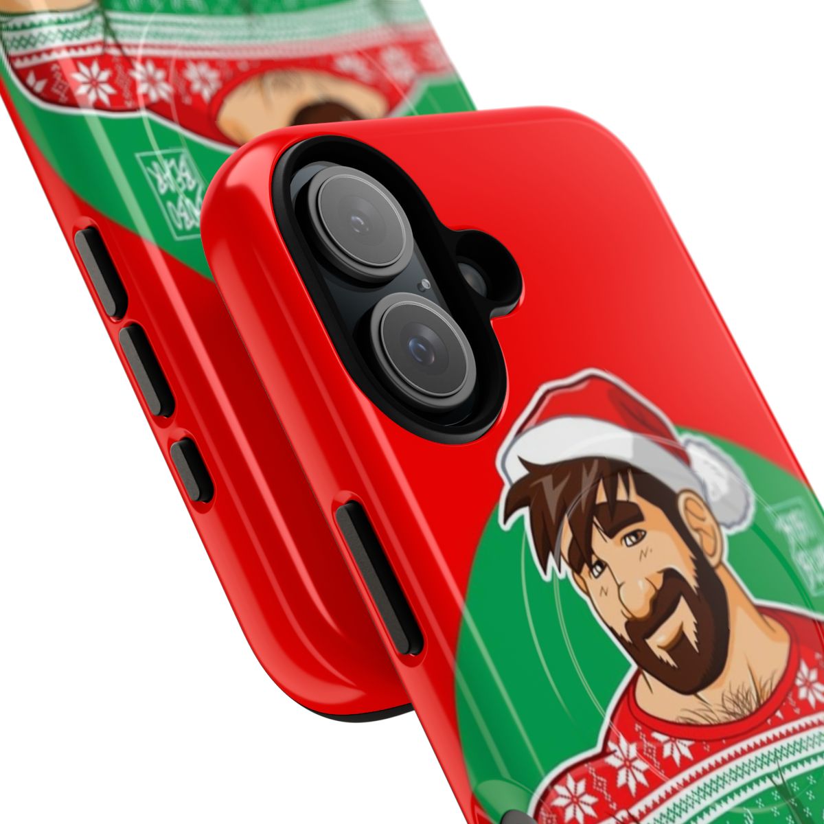 A magnetic tough phone case featuring a design of a bear with crossed arms at a Christmas party. - Detail