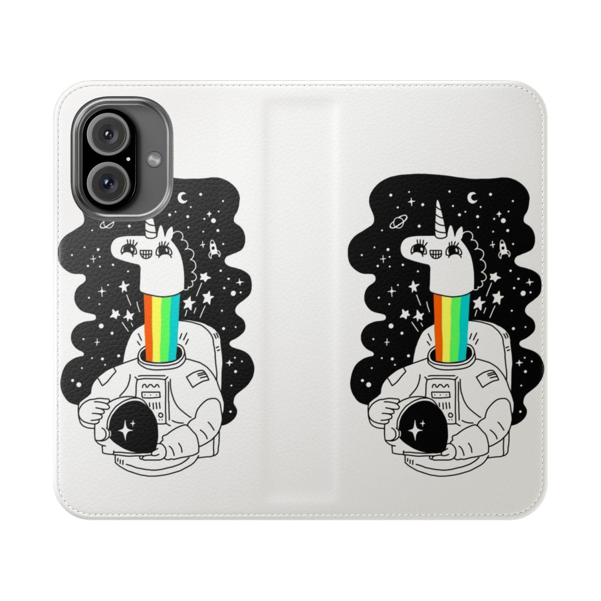 Flip cover phone case with a cosmic, fantasy design featuring a unicorn and stars in space.