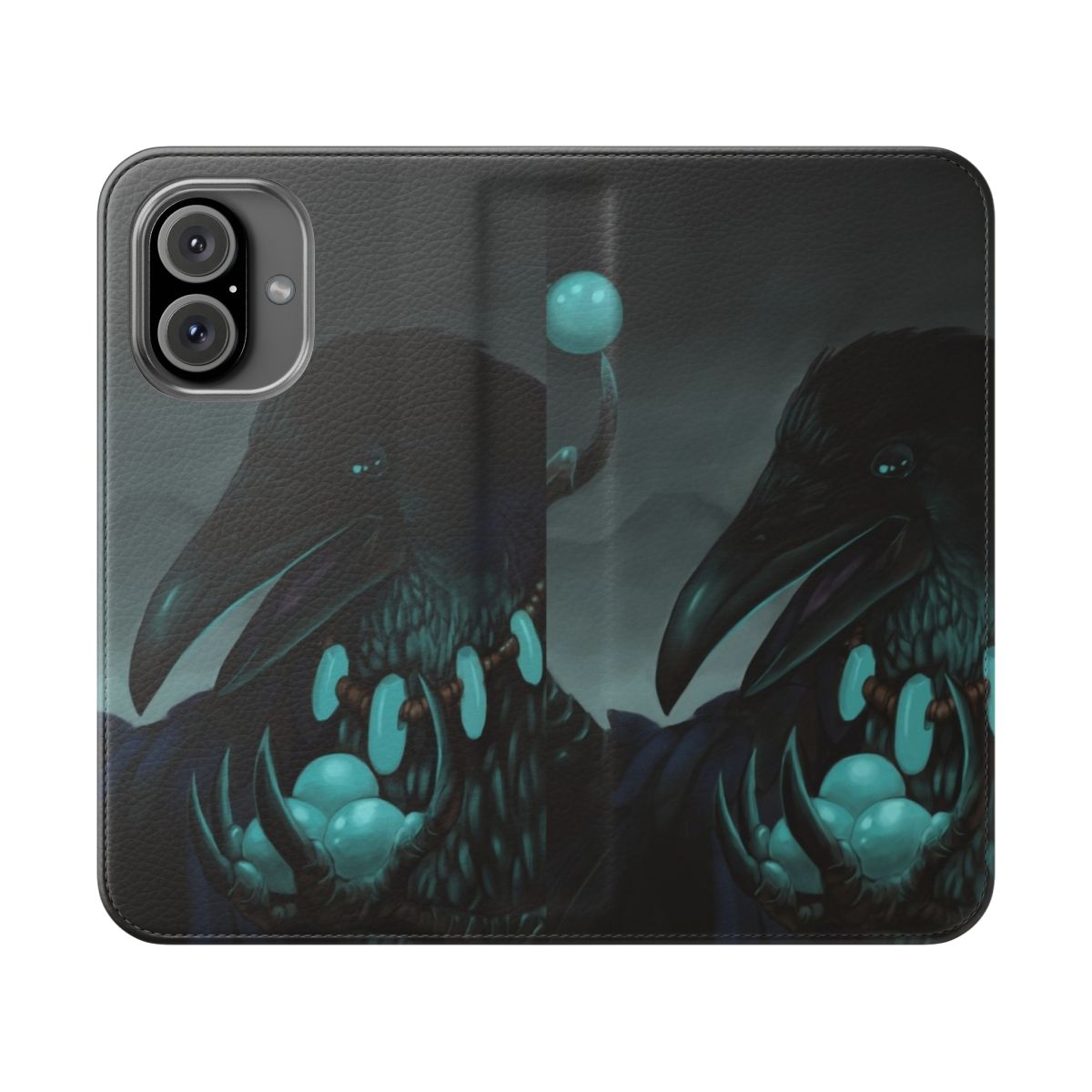 Flip cover phone case with a fantasy art design featuring a mysterious crow or raven against a dark, stormy background.