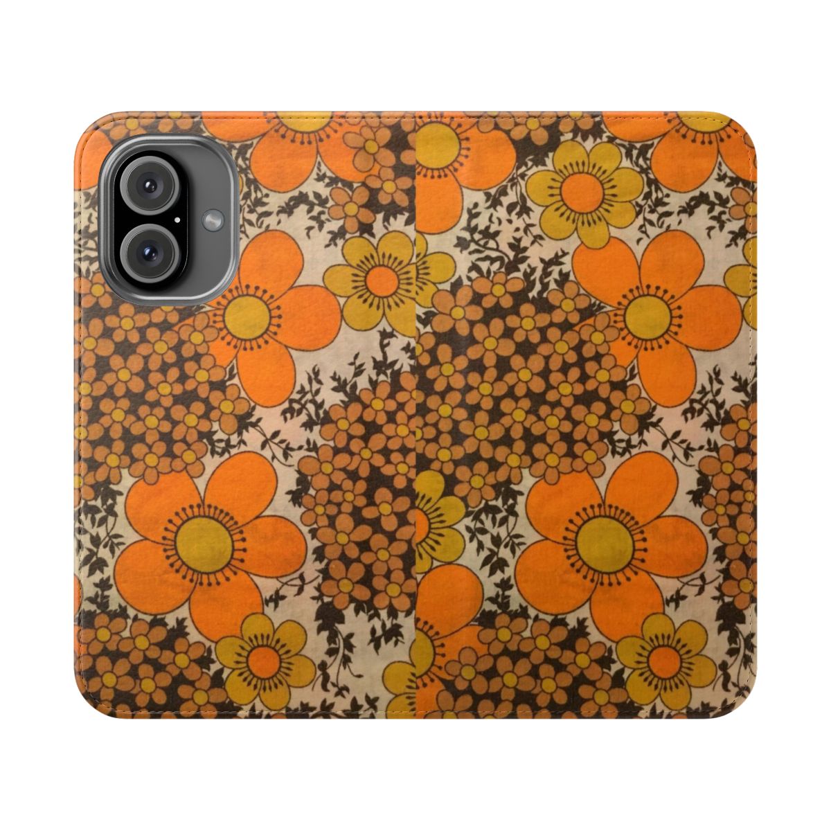 Vintage-inspired floral pattern phone case in shades of orange, green, and yellow