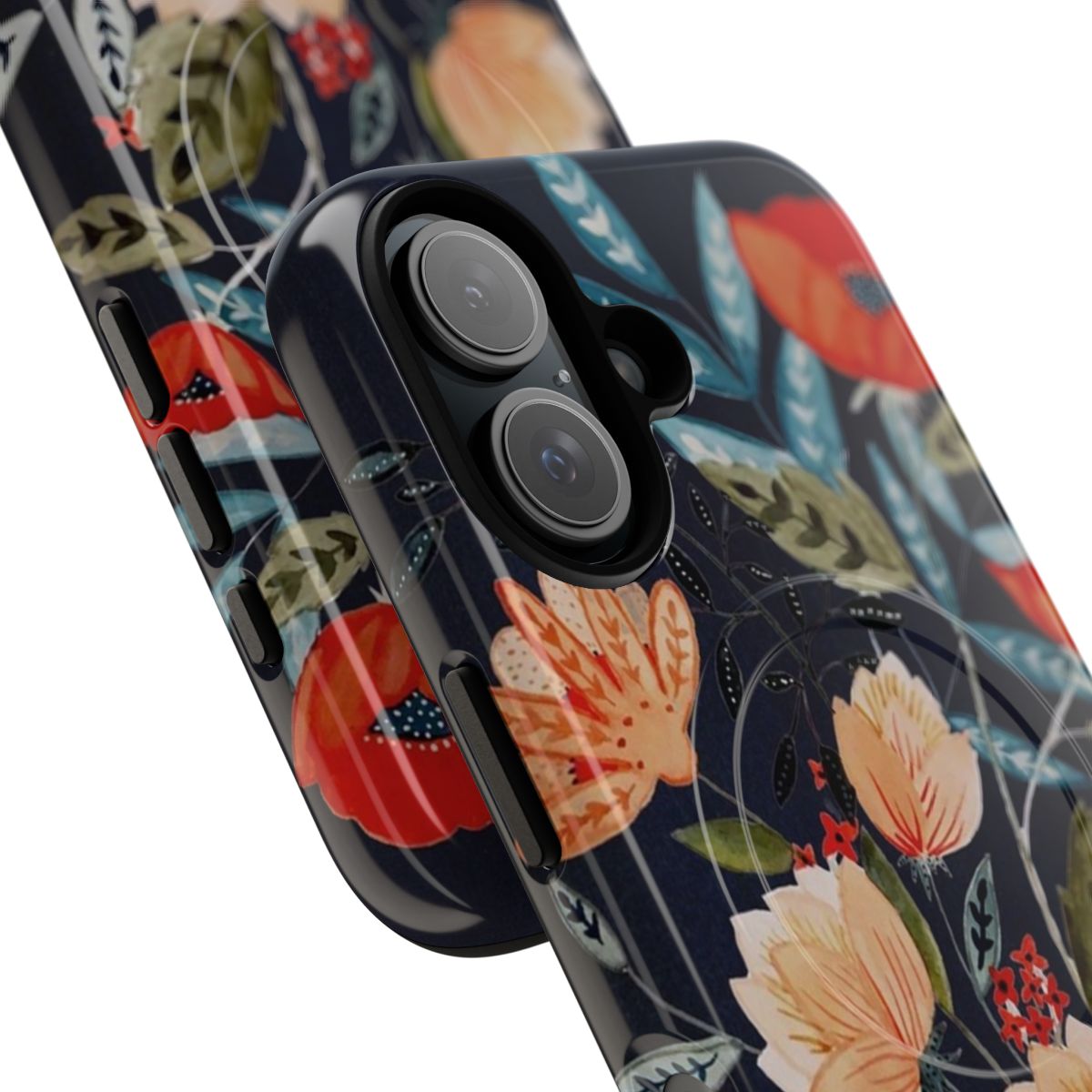 Midnight blue and navy botanical floral phone case with delicate flowers, leaves, and a whimsical bouquet design. - Detail