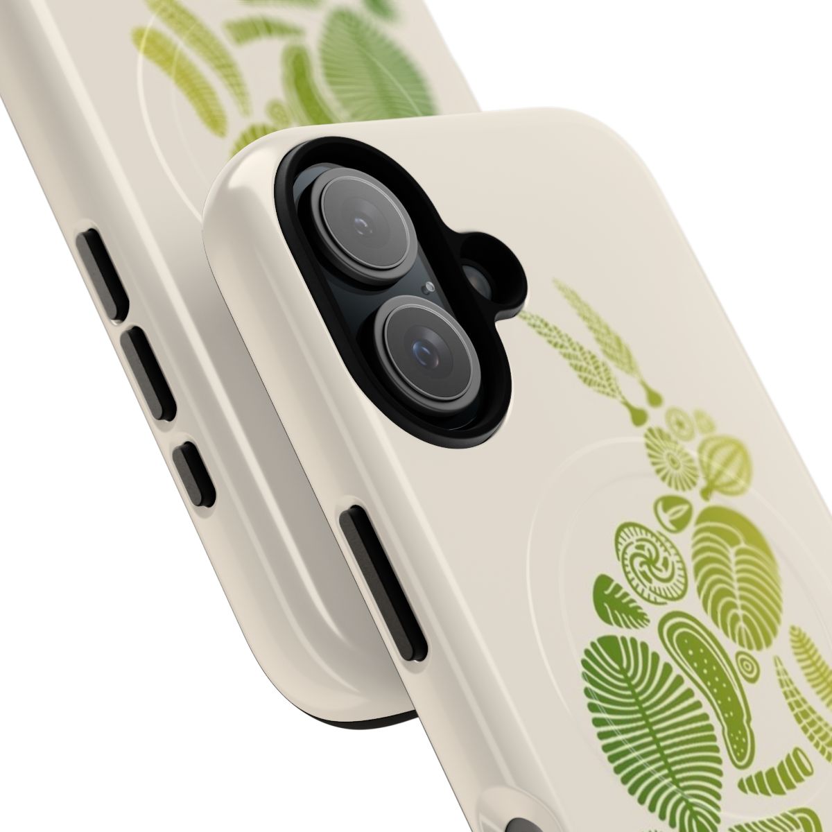 Magnetic tough phone case featuring a green gradient design with a prehistoric rabbit fossil illustration - Detail