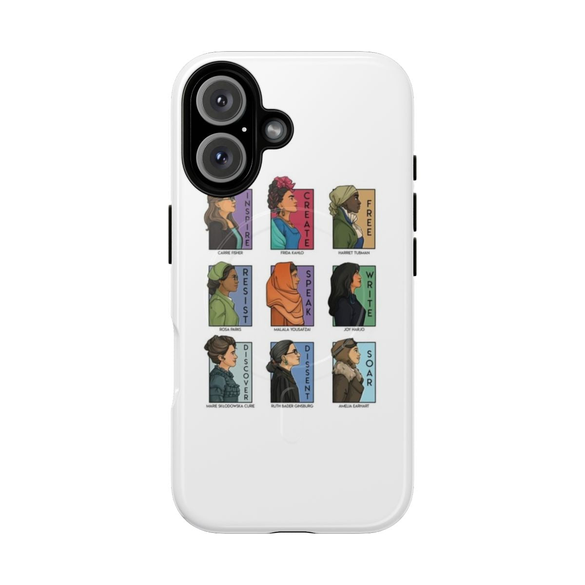 Empowering feminist phone case featuring design of real women like Carrie Fisher and Frida Kahlo