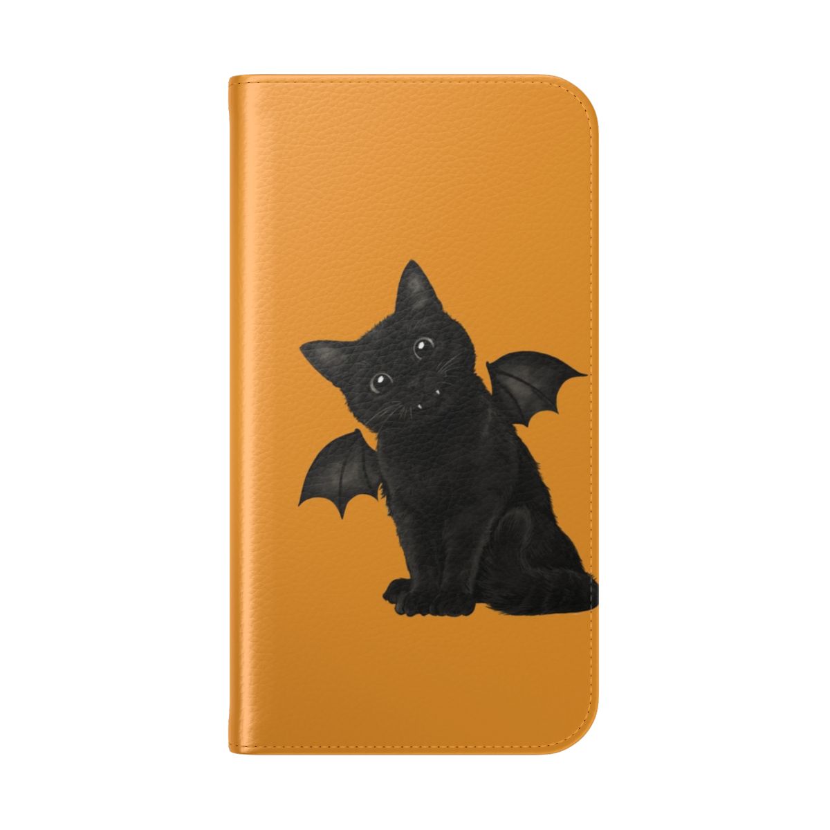 A spooky, dark flip phone case featuring a vampire cat design for cat lovers. - Folded Back