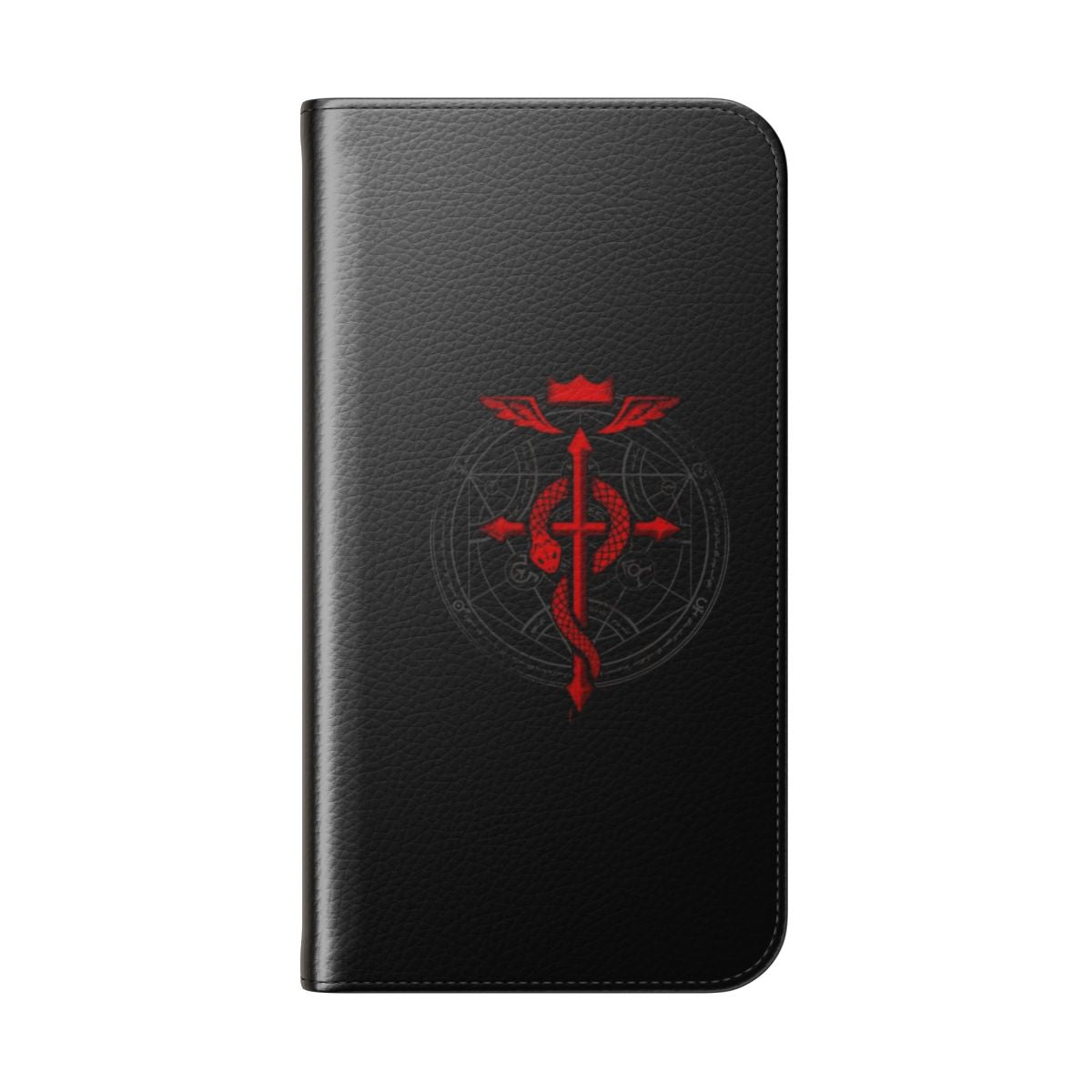 Alchemist-inspired flip phone case with Flamel cross and alchemy symbols - Folded Back