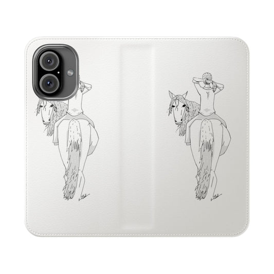 A black and white line drawing phone case with a pony or horse and a ponytail design.