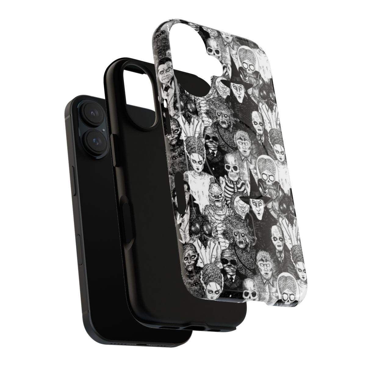 Spooky magnetic tough phone case featuring horror movie monsters in black and white - Layers