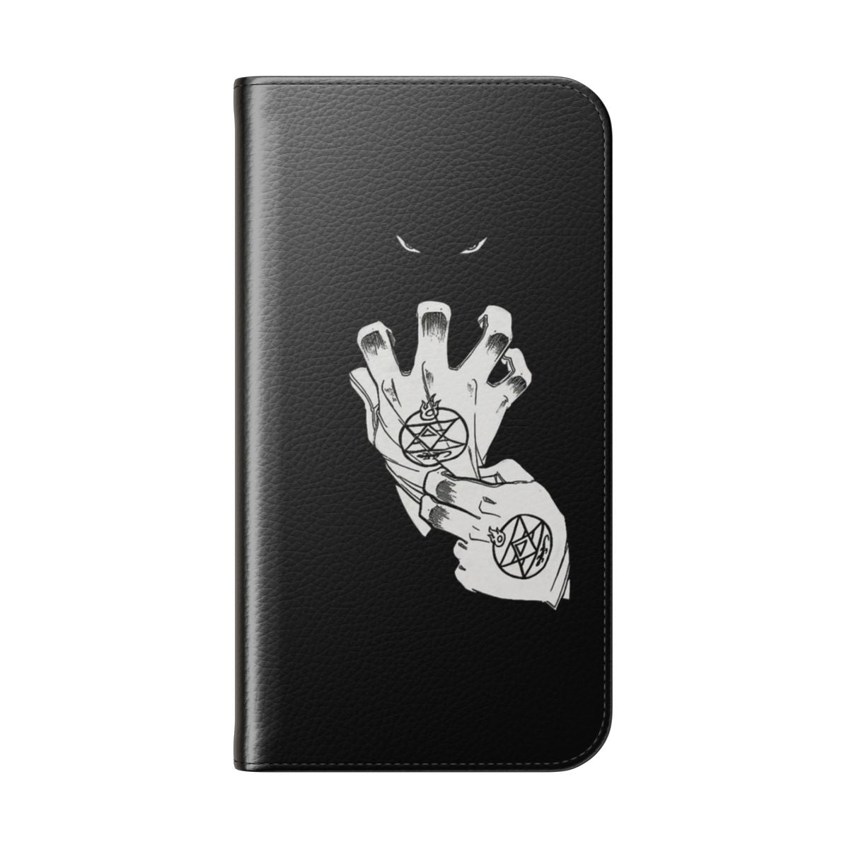 An artistic flip cover phone case inspired by the Flame Alchemist, Roy Mustang, from the Fullmetal Alchemist series. - Folded Back