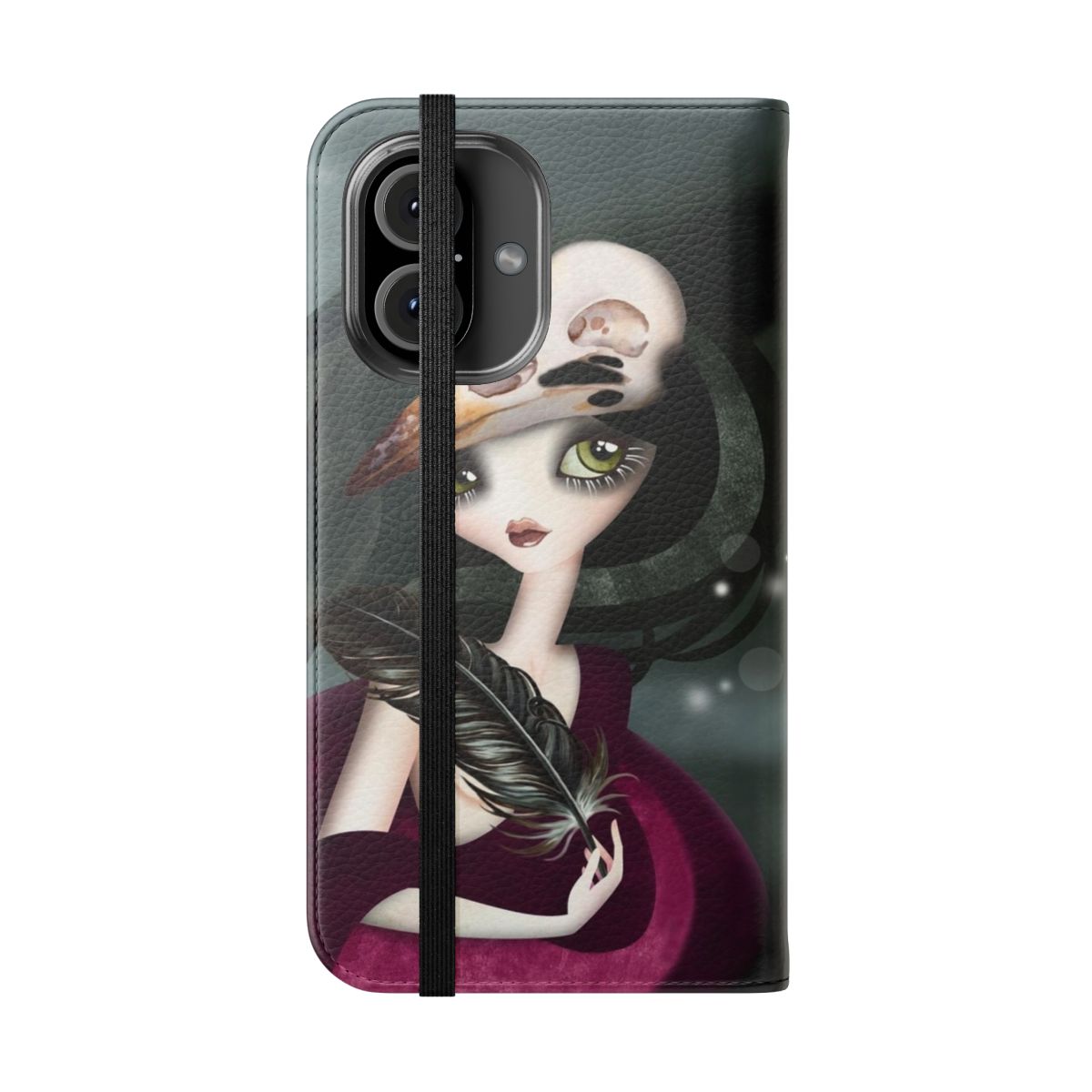 A gothic-themed flip phone case with an enchantress, raven, and skull design - Folded Front