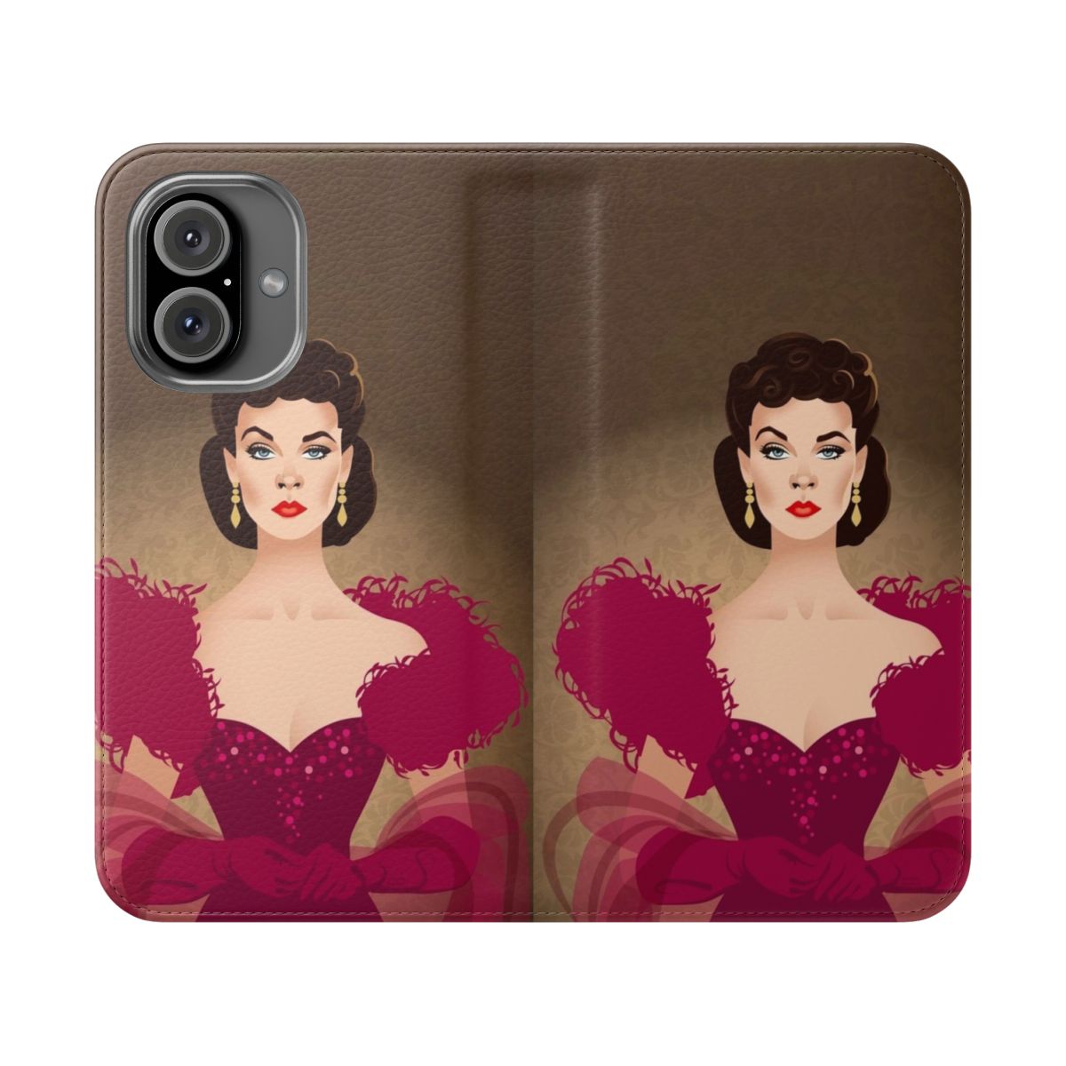 Burgundy dress-printed flip cover phone case with stylish art design