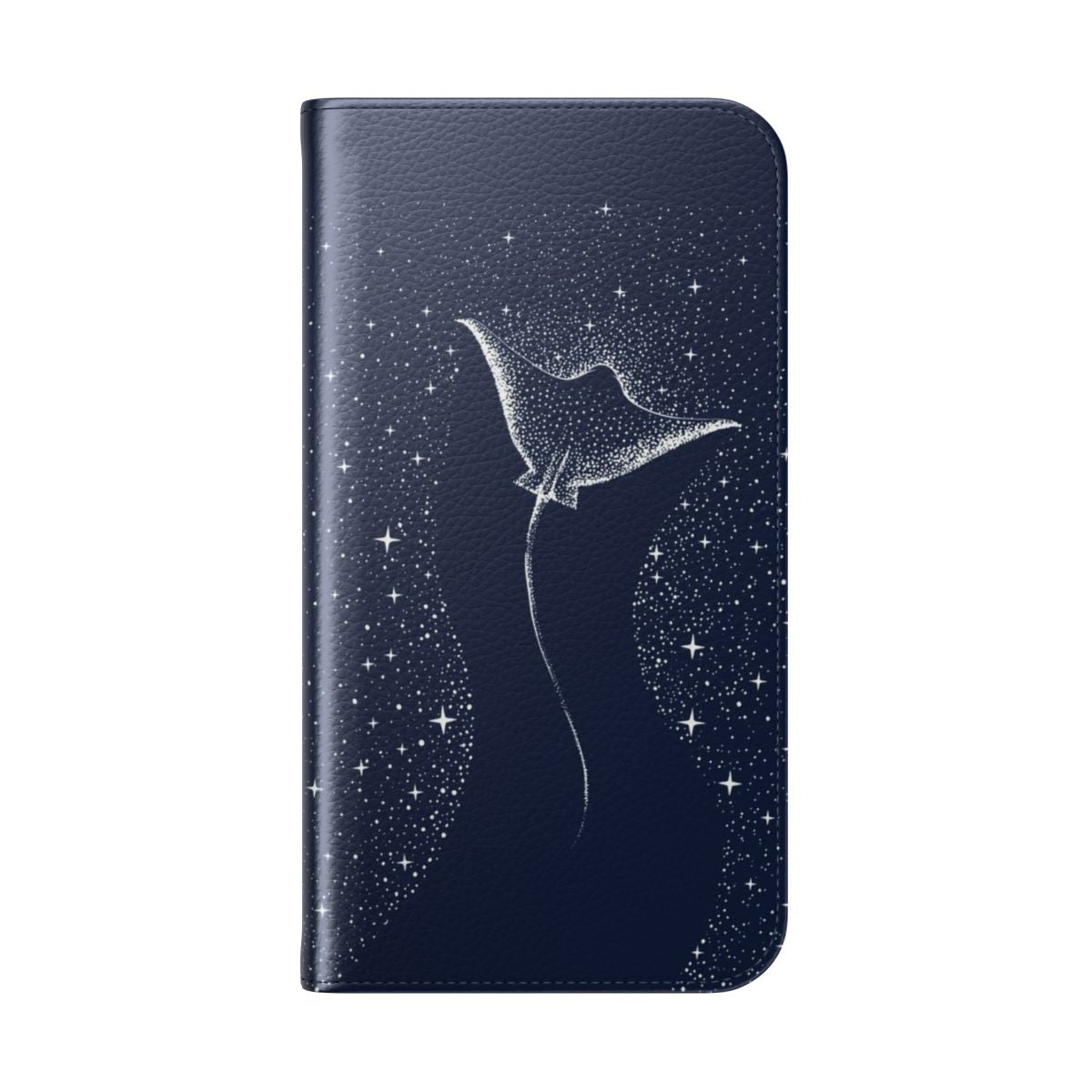 Cosmic surreal phone case with illustration of spotted eagle ray, shark, and space elements - Folded Back