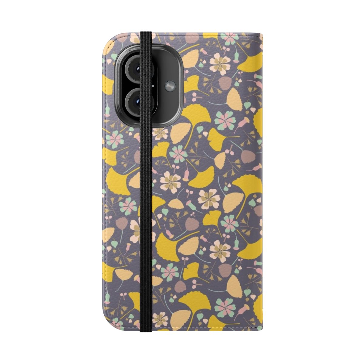 Navy and yellow ginkgo leaf floral pattern phone case - Folded Front